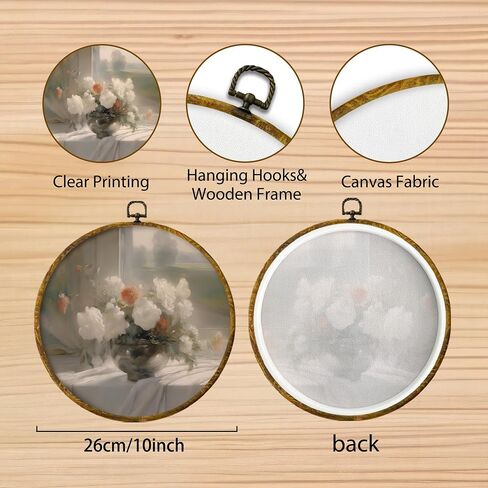 HiUwevt Vintage White Floral Book Round Wall Art Decor ، محايدة الكتب الأنيقة المعلقة من القماش المطبوعات الفنية مؤطرة ، ديكور جدار دائري ريفي لمكتبة قراءة Nook Room ، 10 × 10 بوصة in Kuwait