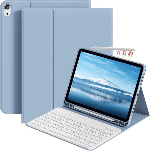 حافظة لوحة مفاتيح لجهاز iPad Air 11 بوصة (M3/M2، 2025/2024)، لجهاز iPad Air الجيل الخامس/الرابع (10.9 بوصة، 2022/2020)، لوحة مفاتيح بلوتوث مغناطيسية قابلة للفصل، غطاء فوليو مع حامل قلم رصاص، أزرق سماوي in Kuwait