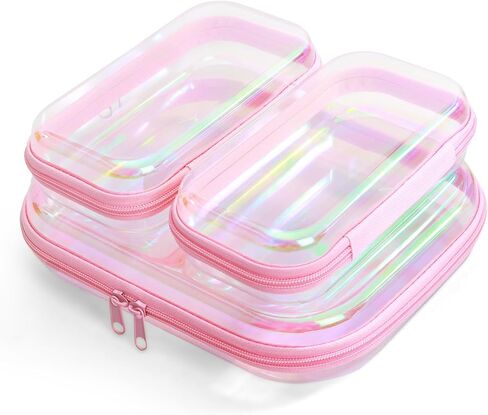 Clear Hard Shell Zipper Case, Surface scratch resistant material, Portable Cosmetic Bag with Zipper, Diaper Bag Organizing Pouches, Hard Plastic Case, Clear Bags for Organizing, Pink （3 Pcs） in Saudi Arabia