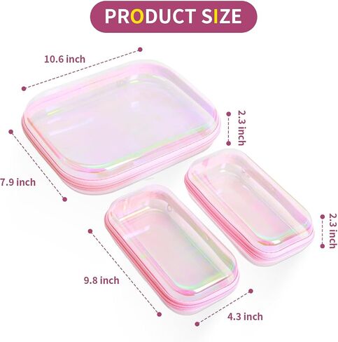 Clear Hard Shell Zipper Case, Surface scratch resistant material, Portable Cosmetic Bag with Zipper, Diaper Bag Organizing Pouches, Hard Plastic Case, Clear Bags for Organizing, Pink （3 Pcs） in Saudi Arabia