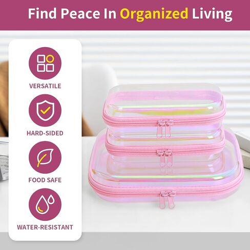 Clear Hard Shell Zipper Case, Surface scratch resistant material, Portable Cosmetic Bag with Zipper, Diaper Bag Organizing Pouches, Hard Plastic Case, Clear Bags for Organizing, Pink （3 Pcs） in Saudi Arabia