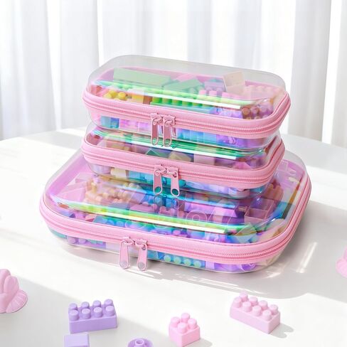 Clear Hard Shell Zipper Case, Surface scratch resistant material, Portable Cosmetic Bag with Zipper, Diaper Bag Organizing Pouches, Hard Plastic Case, Clear Bags for Organizing, Pink （3 Pcs） in Saudi Arabia