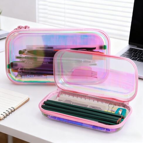 Clear Hard Shell Zipper Case, Surface scratch resistant material, Portable Cosmetic Bag with Zipper, Diaper Bag Organizing Pouches, Hard Plastic Case, Clear Bags for Organizing, Pink （3 Pcs） in Saudi Arabia