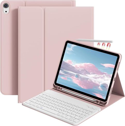 حافظة لوحة مفاتيح لجهاز iPad Air 11 بوصة (M3/M2، 2025/2024)، لجهاز iPad Air الجيل الخامس/الرابع (10.9 بوصة، 2022/2020)، لوحة مفاتيح بلوتوث مغناطيسية قابلة للفصل، غطاء فوليو مع حامل قلم رصاص، أزرق سماوي in Kuwait