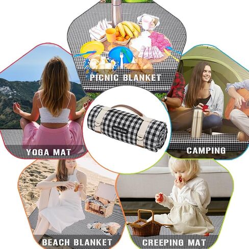 Picnic Outdoor Blankets Waterproof Extra Large - Beach Mat Sand Free Foldable with Carry Strap | Portable Camping Blanket | Park Blanket for Grass Park, Hiking, Travel, Concerts, Indoor (Black) in Saudi Arabia