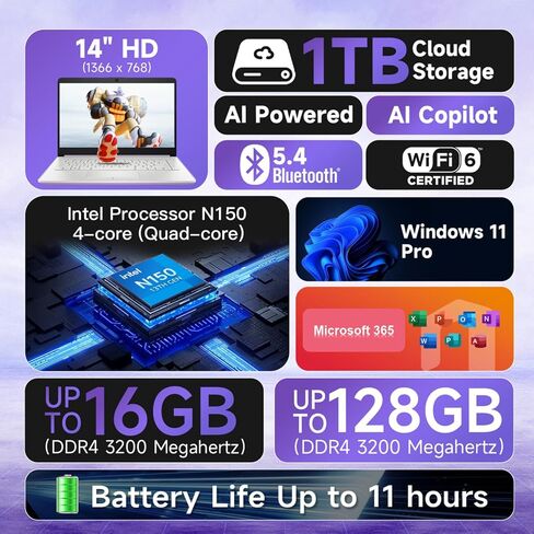 كمبيوتر محمول HP مقاس 14 بوصة للأعمال، معالج Intel N150، ذاكرة الوصول العشوائي 16 جيجابايت، تخزين 386 جيجابايت (128 جيجابايت UFS + 256 جيجابايت MSD)، Windows 11 Pro، Copilot-AI، مكتب لمدة عام 365، Wi-Fi 6، كمبيوتر محمول مع حزمة REDRAGON (أرجواني) in Kuwait
