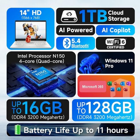 كمبيوتر محمول HP مقاس 14 بوصة للأعمال، معالج Intel N150، ذاكرة الوصول العشوائي 16 جيجابايت، تخزين 386 جيجابايت (128 جيجابايت UFS + 256 جيجابايت MSD)، Windows 11 Pro، Copilot-AI، مكتب لمدة عام 365، Wi-Fi 6، كمبيوتر محمول مع حزمة REDRAGON (أرجواني) in Kuwait