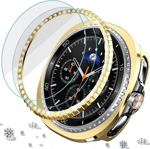 [عبوتان + عبوتان] غطاء واقٍ من الزجاج المقوى متوافق مع ساعة Samsung Galaxy Watch 8 Classic مقاس 46 مم، حلقة إطار لامعة + حافظة واقية + واقي شاشة من الزجاج المقوى 9H، ذهبي in Kuwait