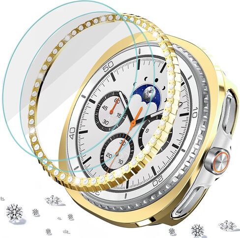 [عبوتان + عبوتان] غطاء واقٍ من الزجاج المقوى متوافق مع ساعة Samsung Galaxy Watch 8 Classic مقاس 46 مم، حلقة إطار لامعة + حافظة واقية + واقي شاشة من الزجاج المقوى 9H، ذهبي in Kuwait
