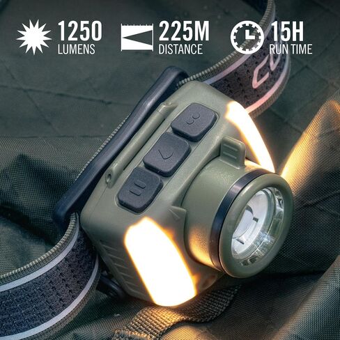 Coast FL97R مصباح أمامي LED قابل لإعادة الشحن بقدرة 1200 لومن يمكن التحكم فيه بالصوت مع Pure Beam® Spot & Flood، وإضاءة ARC، وأوضاع اللون الأحمر والأخضر، وقرص ذراع شعاعي Glide Focus™ ومنفذ شحن USB-C، رمادي in Kuwait