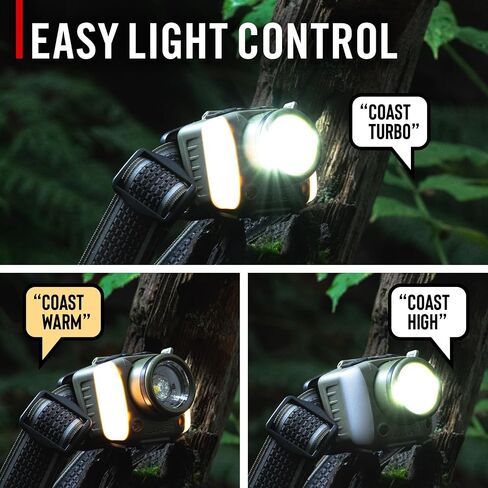 Coast FL97R مصباح أمامي LED قابل لإعادة الشحن بقدرة 1200 لومن يمكن التحكم فيه بالصوت مع Pure Beam® Spot & Flood، وإضاءة ARC، وأوضاع اللون الأحمر والأخضر، وقرص ذراع شعاعي Glide Focus™ ومنفذ شحن USB-C، رمادي in Kuwait