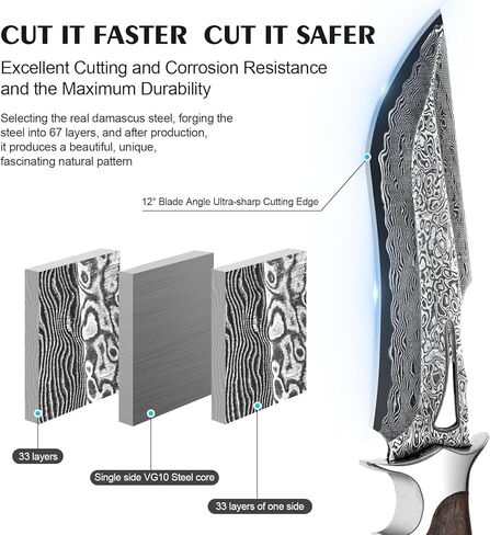 سكين صيد دمشقي مصنوع يدويًا، سكين باوي ذو نصل ثابت مقاس 10.4 بوصة مع غمد، سكاكين فولاذية دمشقية حقيقية مع مقبض VG10 أساسي وخشب، سكاكين تانغ كاملة EDC للرجال والنساء، والمغامرة، والبقاء على قيد الحياة، والمشي لمسافات طويلة، والتخييم، وهدايا للرجال والنساء in Kuwait