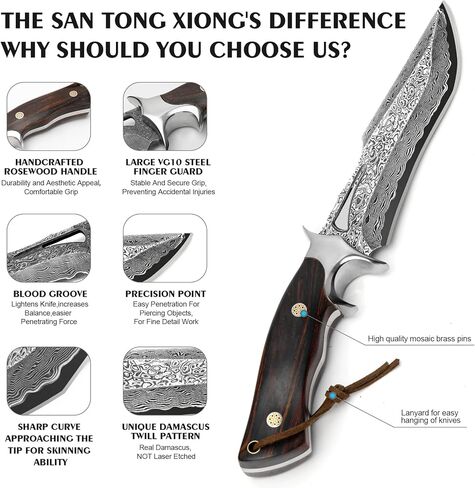 سكين صيد دمشقي مصنوع يدويًا، سكين باوي ذو نصل ثابت مقاس 10.4 بوصة مع غمد، سكاكين فولاذية دمشقية حقيقية مع مقبض VG10 أساسي وخشب، سكاكين تانغ كاملة EDC للرجال والنساء، والمغامرة، والبقاء على قيد الحياة، والمشي لمسافات طويلة، والتخييم، وهدايا للرجال والنساء in Kuwait