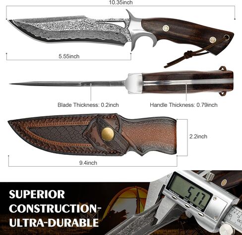 سكين صيد دمشقي مصنوع يدويًا، سكين باوي ذو نصل ثابت مقاس 10.4 بوصة مع غمد، سكاكين فولاذية دمشقية حقيقية مع مقبض VG10 أساسي وخشب، سكاكين تانغ كاملة EDC للرجال والنساء، والمغامرة، والبقاء على قيد الحياة، والمشي لمسافات طويلة، والتخييم، وهدايا للرجال والنساء in Kuwait