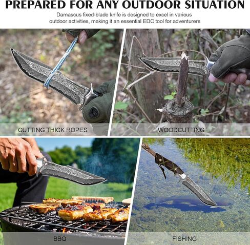 سكين صيد دمشقي مصنوع يدويًا، سكين باوي ذو نصل ثابت مقاس 10.4 بوصة مع غمد، سكاكين فولاذية دمشقية حقيقية مع مقبض VG10 أساسي وخشب، سكاكين تانغ كاملة EDC للرجال والنساء، والمغامرة، والبقاء على قيد الحياة، والمشي لمسافات طويلة، والتخييم، وهدايا للرجال والنساء in Kuwait