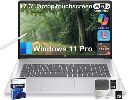 كمبيوتر محمول HP 17، شاشة لمس HD+ مقاس 17.3 بوصة، ذاكرة وصول عشوائي 32 جيجابايت، 1 تيرابايت SSD، كمبيوتر محمول مقاس 17.3 بوصة للأعمال والطلاب، AMD Ryzen 5 7430U، Copilot AI، HDMI، Wi-Fi 6، Windows 11 Pro، مع الملحقات in Kuwait