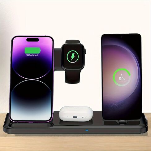 شاحن لاسلكي لمحطة شحن iPhone، قابل للطي 4 في 1 شحن سريع لهاتف iPhone 16 15 14 13 12 Pro Max Plus، حامل شاحن لساعة Apple وAirpods 4 3 2 Pro، لسلسلة Samsung أسود in Saudi Arabia