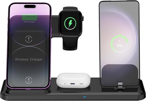 شاحن لاسلكي لمحطة شحن iPhone، قابل للطي 4 في 1 شحن سريع لهاتف iPhone 16 15 14 13 12 Pro Max Plus، حامل شاحن لساعة Apple وAirpods 4 3 2 Pro، لسلسلة Samsung أسود in Saudi Arabia