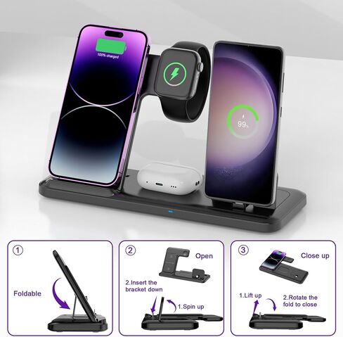 شاحن لاسلكي لمحطة شحن iPhone، قابل للطي 4 في 1 شحن سريع لهاتف iPhone 16 15 14 13 12 Pro Max Plus، حامل شاحن لساعة Apple وAirpods 4 3 2 Pro، لسلسلة Samsung أسود in Saudi Arabia