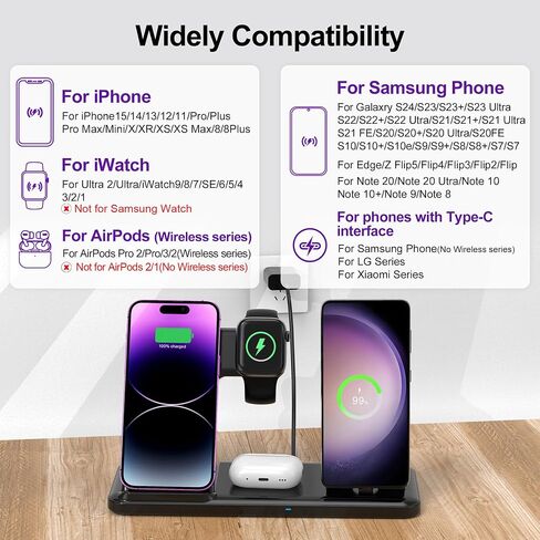 شاحن لاسلكي لمحطة شحن iPhone، قابل للطي 4 في 1 شحن سريع لهاتف iPhone 16 15 14 13 12 Pro Max Plus، حامل شاحن لساعة Apple وAirpods 4 3 2 Pro، لسلسلة Samsung أسود in Saudi Arabia