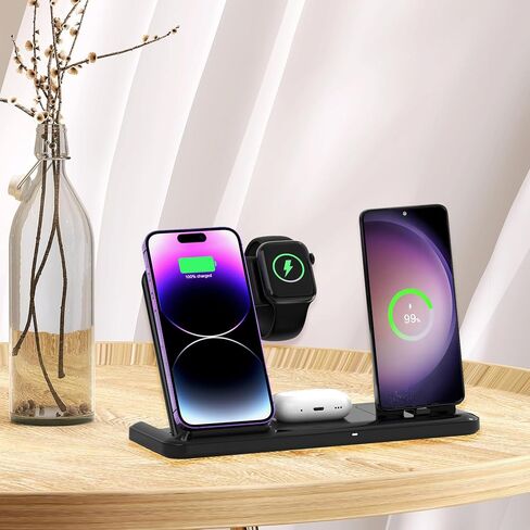 شاحن لاسلكي لمحطة شحن iPhone، قابل للطي 4 في 1 شحن سريع لهاتف iPhone 16 15 14 13 12 Pro Max Plus، حامل شاحن لساعة Apple وAirpods 4 3 2 Pro، لسلسلة Samsung أسود in Saudi Arabia