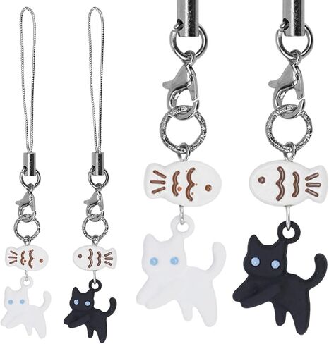 2pcs Cute Cat Phone Charms, Kawaii Cat Fish Phone Lanyard Straps Hanging Pendant Ornaments Decor for Friends Couples Phones Keychain Backpack Handbag Wallet Accessories (Black, White) in Saudi Arabia