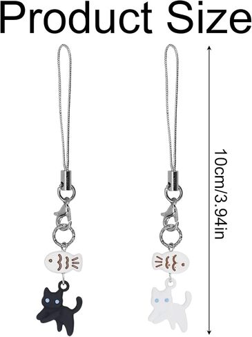 2pcs Cute Cat Phone Charms, Kawaii Cat Fish Phone Lanyard Straps Hanging Pendant Ornaments Decor for Friends Couples Phones Keychain Backpack Handbag Wallet Accessories (Black, White) in Saudi Arabia