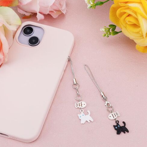 2pcs Cute Cat Phone Charms, Kawaii Cat Fish Phone Lanyard Straps Hanging Pendant Ornaments Decor for Friends Couples Phones Keychain Backpack Handbag Wallet Accessories (Black, White) in Saudi Arabia