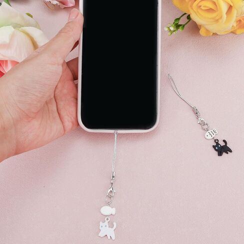 2pcs Cute Cat Phone Charms, Kawaii Cat Fish Phone Lanyard Straps Hanging Pendant Ornaments Decor for Friends Couples Phones Keychain Backpack Handbag Wallet Accessories (Black, White) in Saudi Arabia