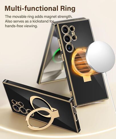 حافظة CAPRARO لهاتف Samsung Galaxy S24 Ultra مع حامل حلقي مغناطيسي، [متوافقة مع MagSafe] [حماية من السقوط العسكري] حافظة هاتف نحيفة واقية مقاومة للصدمات لهاتف S24 Ultra، أسود in Kuwait