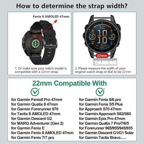 أشرطة نايلون 22 مم متوافقة مع Tactix 8/Fenix ​​8 Pro AMOLED 47mm/7 Pro/7/6 Pro/6/5 Plus/5/Fenix ​​E، حزام ساعة رياضي Quickfit لـ Quatix 8 7 Pro 47mm/Forerunner 970/965/955/945/Descent G2/G1 in Saudi Arabia