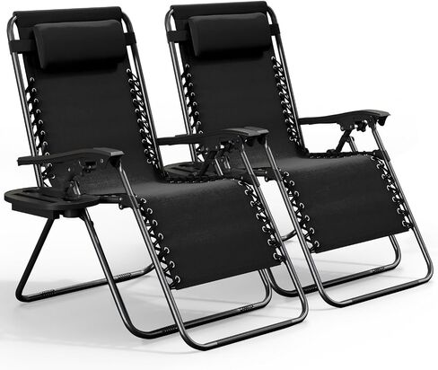 Nestl Zero Gravity Chairs Set of 2, Patio Lounge Chair Outdoor with Pillows & Cup Holder Trays, Adjustable Steel Mesh Reclining Camping Chair, Folding Patio Lawn Chair for Deck, Beach, Yard - Beige in Saudi Arabia