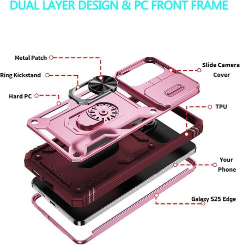 for Galaxy S25 Edge 6.6" Case, with 3 Pcs Tempered Glass Screen Protector Built in Ring Stand Kickstand + Camera Cover, Hard PC Soft TPU Defender Full Body Protective Armor Cover - Green/Pink in Saudi Arabia
