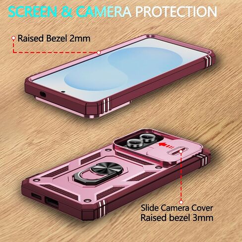 for Galaxy S25 Edge 6.6" Case, with 3 Pcs Tempered Glass Screen Protector Built in Ring Stand Kickstand + Camera Cover, Hard PC Soft TPU Defender Full Body Protective Armor Cover - Green/Pink in Saudi Arabia