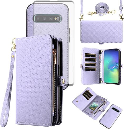 Asuwish Phone Case for Samsung Galaxy S10 Plus Zipper Wallet Detachable Cell Cover with Tempered Glass Screen Protector Crossbody Strap Flip Card Holder S10+ S10plus 10S Edge S 10 10plus Women Green in Saudi Arabia