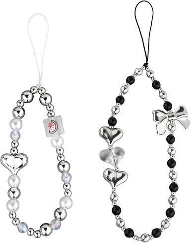 2pcs Beaded Phone Bracelet Straps, 2 Sizes Bow Anti-Lost Silver Wristband Lanyard Mobile Cell Phone Bracelet for Women Keychains Pendant Wallets Cameras Decoration in Saudi Arabia