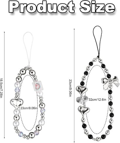 2pcs Beaded Phone Bracelet Straps, 2 Sizes Bow Anti-Lost Silver Wristband Lanyard Mobile Cell Phone Bracelet for Women Keychains Pendant Wallets Cameras Decoration in Saudi Arabia