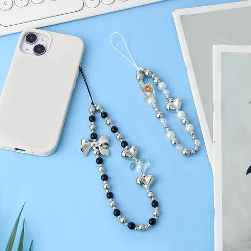 2pcs Beaded Phone Bracelet Straps, 2 Sizes Bow Anti-Lost Silver Wristband Lanyard Mobile Cell Phone Bracelet for Women Keychains Pendant Wallets Cameras Decoration in Saudi Arabia