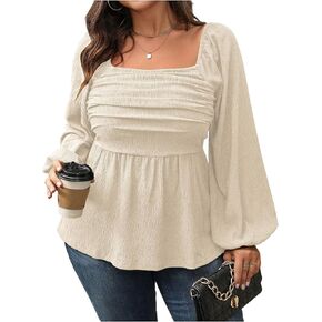 Floerns نساء زائد حجم مربع الرقبة الفانوس الطويل الأكمام كشكش بلوزة بلوزة peplum in Kuwait