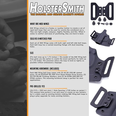 [1 Pair] HolsterSmith MM Wings - Holster Belt Loops - (Select Size: [1.50in or 1.75in]) - (Select Mounting Hardware) - Black - USA Made - Kydex & Leather Holster Making in Kuwait