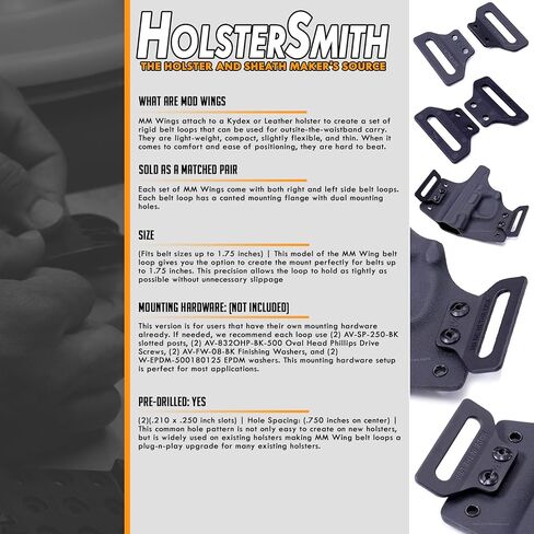 [1 Pair] HolsterSmith MM Wings - Holster Belt Loops - (Select Size: [1.50in or 1.75in]) - (Select Mounting Hardware) - Black - USA Made - Kydex & Leather Holster Making in Kuwait