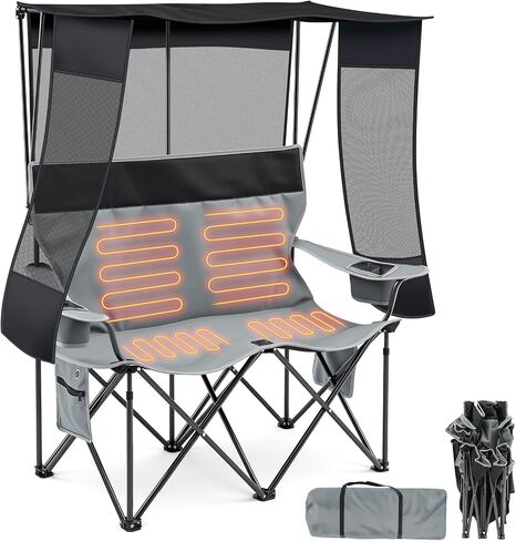 Heated Double Camping Chair with Canopy Shade 660lbs Camping Loveseat with 4 Heating Zones and 3 Heat Levels Portable Chair with Padded, Use 5v/3a Power Bank Power Bank Not Include(Black and Grey) in Saudi Arabia