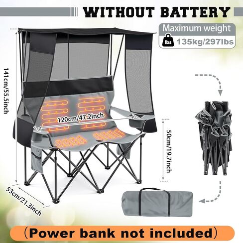 Heated Double Camping Chair with Canopy Shade 660lbs Camping Loveseat with 4 Heating Zones and 3 Heat Levels Portable Chair with Padded, Use 5v/3a Power Bank Power Bank Not Include(Black and Grey) in Saudi Arabia