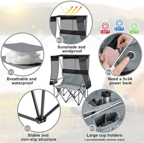 Heated Double Camping Chair with Canopy Shade 660lbs Camping Loveseat with 4 Heating Zones and 3 Heat Levels Portable Chair with Padded, Use 5v/3a Power Bank Power Bank Not Include(Black and Grey) in Saudi Arabia