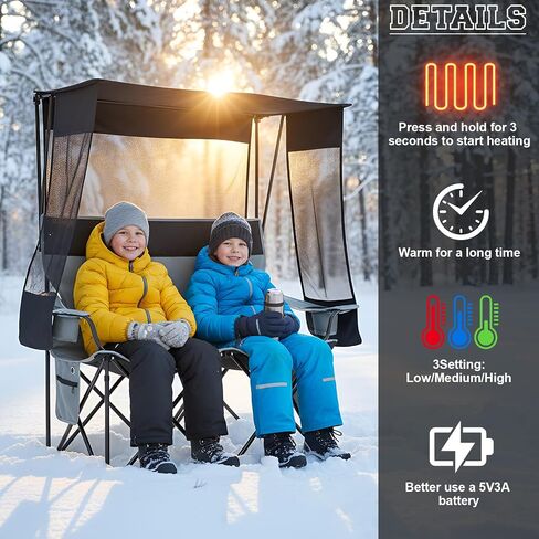 Heated Double Camping Chair with Canopy Shade 660lbs Camping Loveseat with 4 Heating Zones and 3 Heat Levels Portable Chair with Padded, Use 5v/3a Power Bank Power Bank Not Include(Black and Grey) in Saudi Arabia