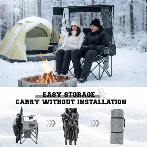Heated Double Camping Chair with Canopy Shade 660lbs Camping Loveseat with 4 Heating Zones and 3 Heat Levels Portable Chair with Padded, Use 5v/3a Power Bank Power Bank Not Include(Black and Grey) in Saudi Arabia