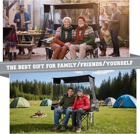 Heated Double Camping Chair with Canopy Shade 660lbs Camping Loveseat with 4 Heating Zones and 3 Heat Levels Portable Chair with Padded, Use 5v/3a Power Bank Power Bank Not Include(Black and Grey) in Saudi Arabia