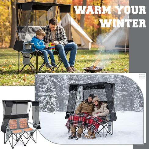 Heated Double Camping Chair with Canopy Shade 660lbs Camping Loveseat with 4 Heating Zones and 3 Heat Levels Portable Chair with Padded, Use 5v/3a Power Bank Power Bank Not Include(Black and Grey) in Saudi Arabia