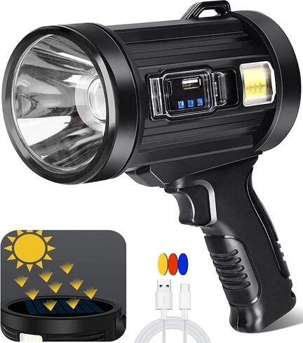 Spotlight 100000 Lumens, 6 Modes Led Rechargeable Spotlight Flashlight As Seen on TV with Tripod, Color Filters, Super Bright Solar Spot Lights Outdoor Handheld for Hunting, Boating, Camping in Saudi Arabia