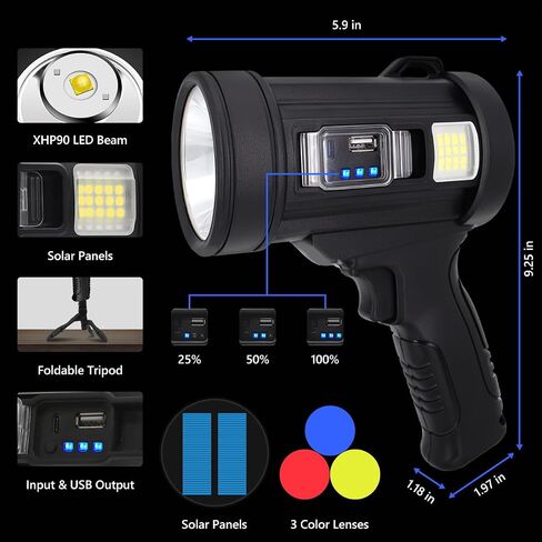 Spotlight 100000 Lumens, 6 Modes Led Rechargeable Spotlight Flashlight As Seen on TV with Tripod, Color Filters, Super Bright Solar Spot Lights Outdoor Handheld for Hunting, Boating, Camping in Saudi Arabia